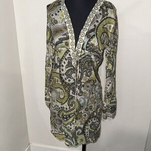 ATHLETA COTTON-SILK‎  DRAWSTRING WAIST SUMMER  DRESS SIZE S Green Long Sleeve
